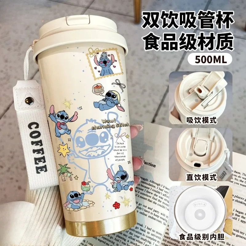 كوب ترمس عالي القيمة من ديزني ستيتش للطلاب ذو سعة كبيرة، كوب قهوة بسيط من الفولاذ المقاوم للصدأ، كوب قهوة مزدوج الشراب جديد