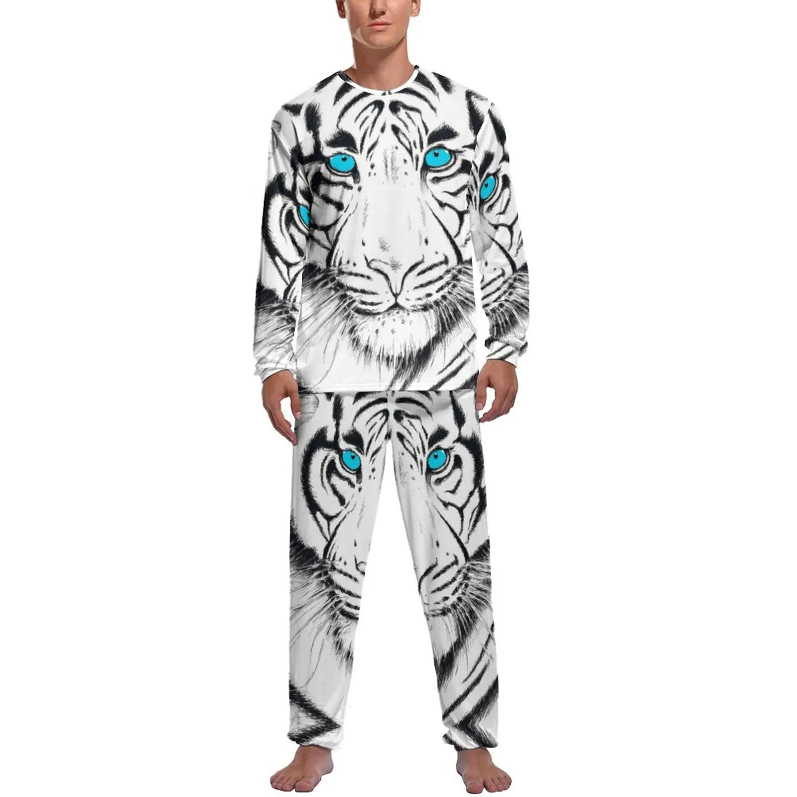 

White Tiger Pajamas Autumn 2 Piece Animal Print Cute Pajama Sets Man Long-Sleeve Night Graphic Nightwear