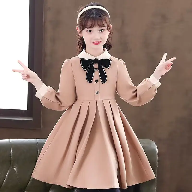 

2025 New Arrival Girls' Stylish Bowknot Princess Long Sleeve Dress - Spring Autumn for 4-12 Years Old
