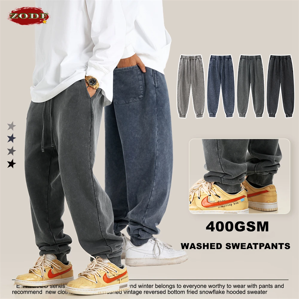 

ZODF New Autumn Winter Men Washed 400gsm Sweatpant Unisex Loose Heavyweigh Cotton Sport Joggers Pants Streetwears HY0893