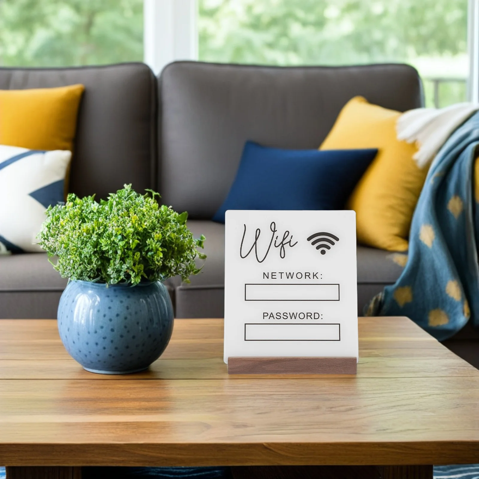 Acrylic Table WiFi Password Sign with Wooden Base Transparent Desktop Board for Hotels Restaurants Business Guests Wireless