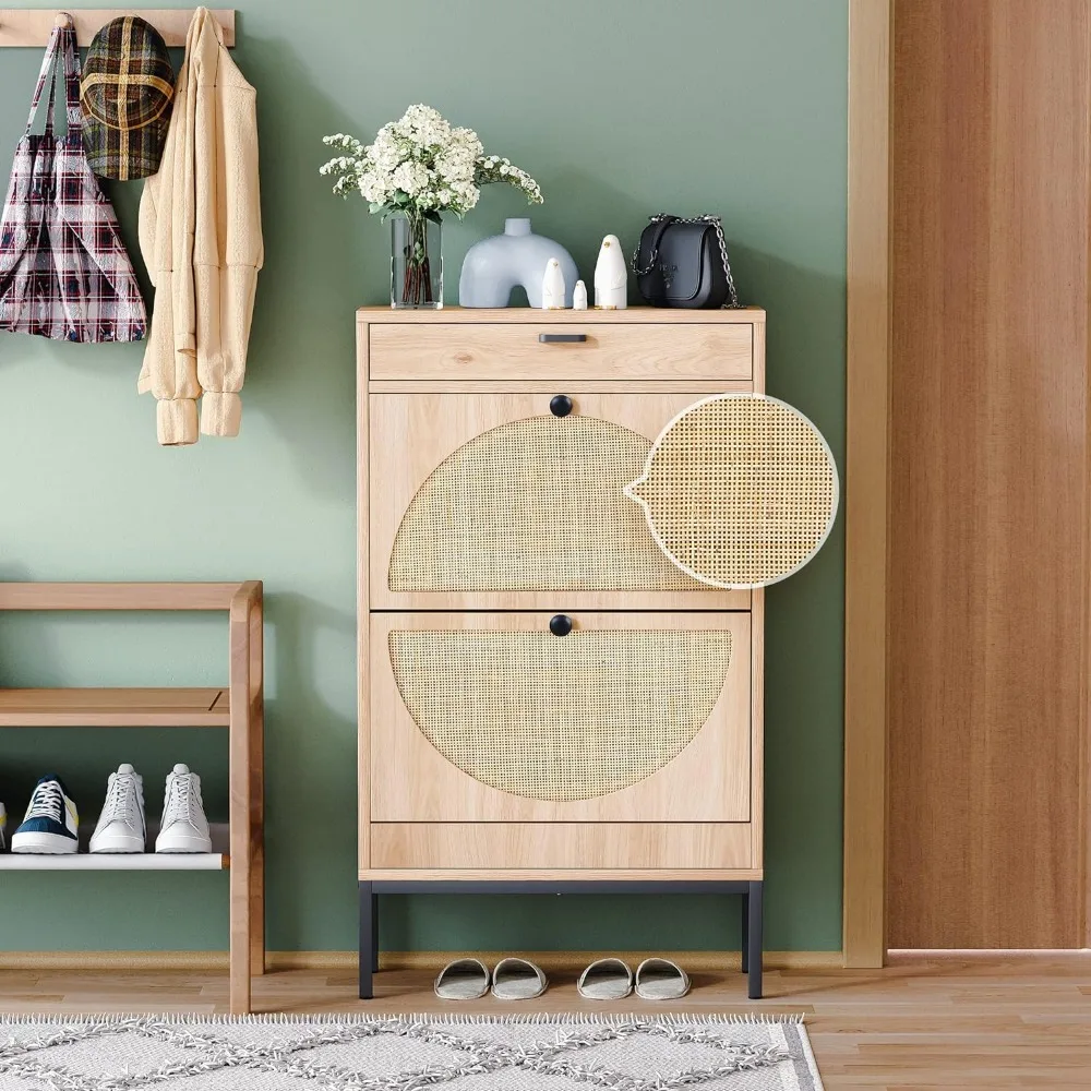 

Shoe Rack Storage Organizer with 2 Semi-Circular Rattan Doors Entryway Wooden Shoe Cabinet for Sneakers Leather Shoes High Heels