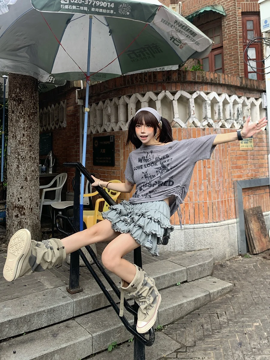 

Lazy Girl Summer Trendy Short Sleeve T-Shirt Women's Shoulder Stripe Letter Print Street Style Loose Fit round Neck Top