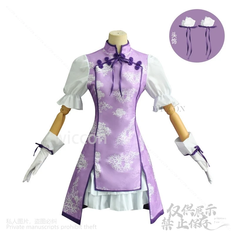زي تنكري مخصص من Magica Kanamee Madokaa Akemi Homura فستان أرجواني على الطراز الصيني شيونغسام لوليتا باروكات جيراي كي