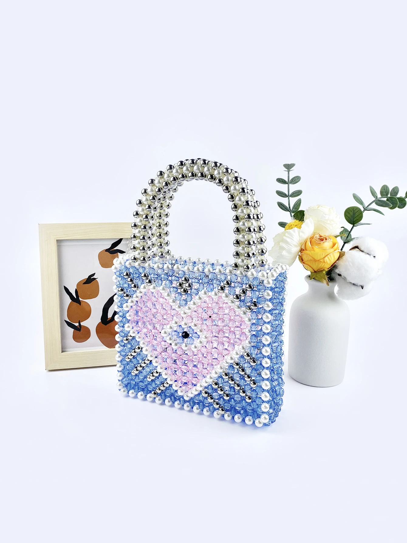 New Small Fragrant Wind High Appearance Blue Heart Shaped Color Block Sparkling Large Capacity Hand Carrying Love Beaded Bag