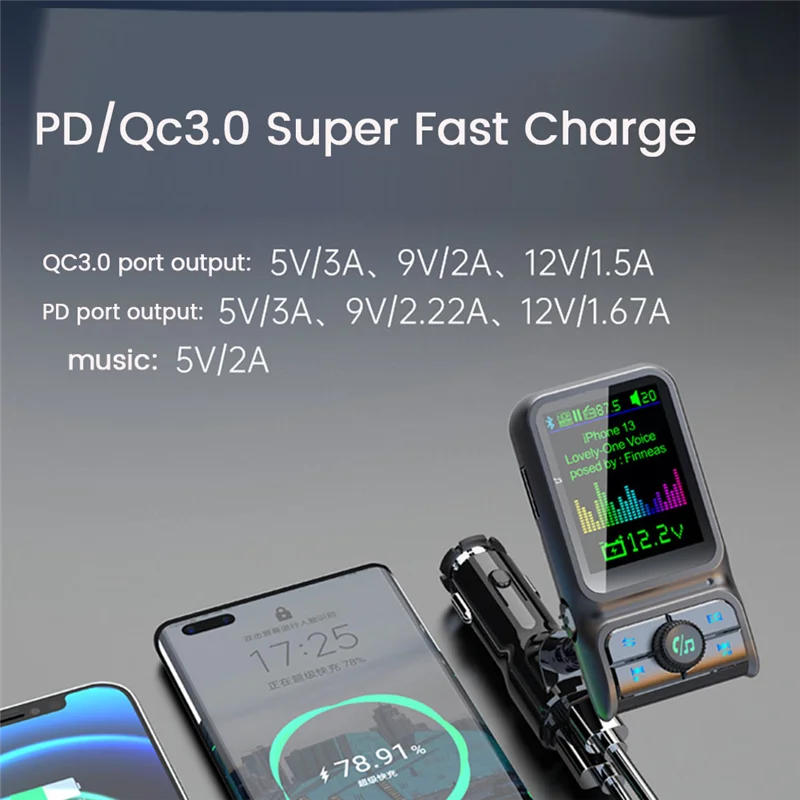 Authentic QC3.0 Fast Charge Car Bluetooth MP3 Player FM Transmitter HD Colorful Screen Display Car Supplies