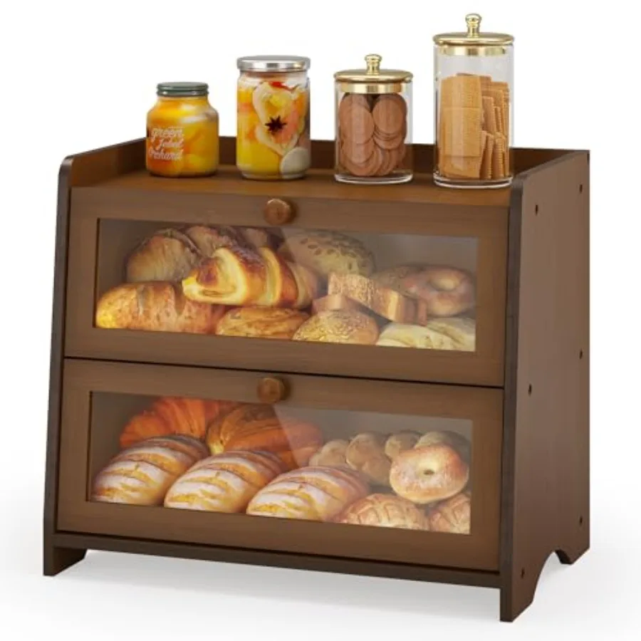 

Double Layer Bread Box for Kitchen Countertop Breadbox Bread Container Storage with Acrylic Door Wooden Farmhouse Bread Holder