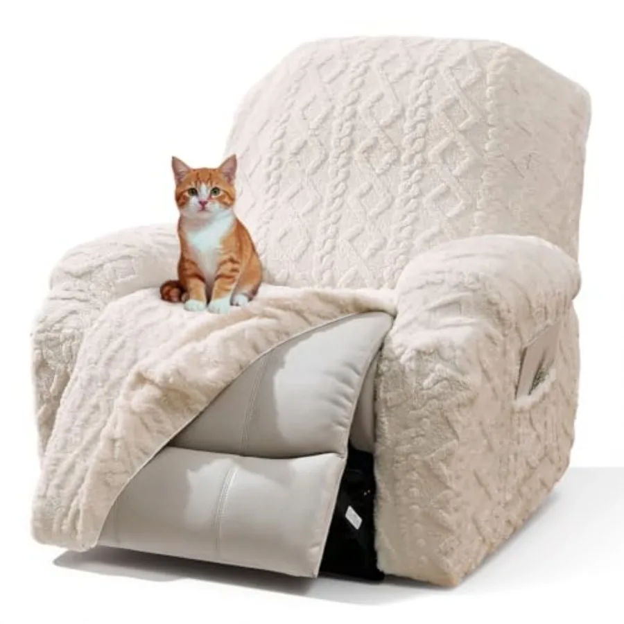 

4 Pieces Chair Covers Geometric Jacquard Plush Slipcovers Soft Fuzzy Couch Cover Anti-Slip Furniture Protector with Elastic Bot