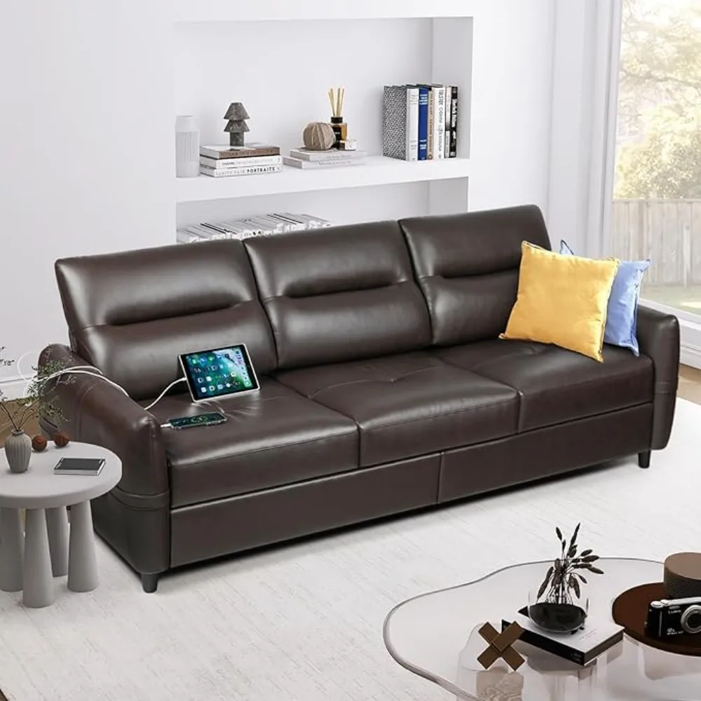 85” Brown 3 Seater Couch with USB, Mid Century Modern Leather Sofas Couches for Living Room Small Spaces, Apartment Couch