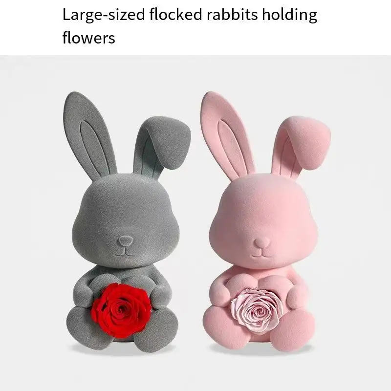 

Luxury flocking sitting rabbit holding flower immortal flower handicraft decorations Qixi Valentine's Day New Year gift for girl
