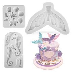 Mermaid Cake Fondant Mold, 3 Pcs Seahorse Seashell Starfish Mermaid Tail Silicone Mold Shells Baking Molds for Cake Decoration