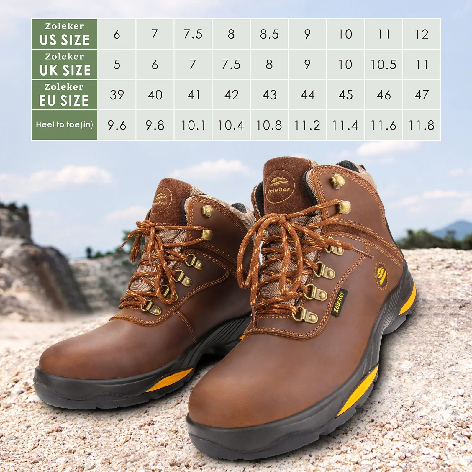Zoleker Hike Boots for Men,Soft Toe, Slip Resistant Safety Shoes, Waterproof Anti-Fatigue