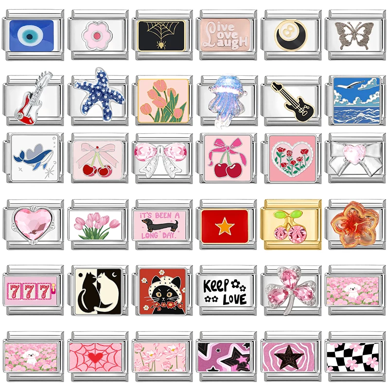 Y2K série coeur fleurs cerise boule papillon italien charme liens ajustement 9mm Bracelet en acier inoxydable bricolage fabrication de bijoux cadeaux