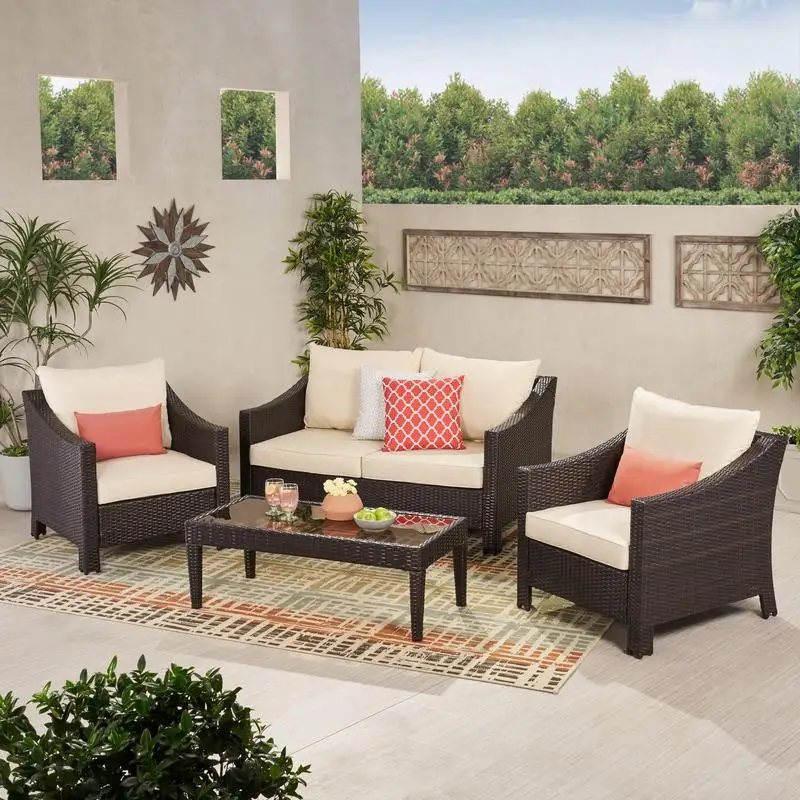 

4PC Wicker Chat Set - Brown Wicker with Beige Cushions for Outdoor Patio and Garden Furniture