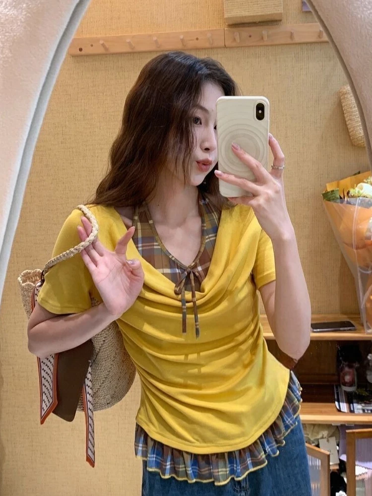 

Vintage Korean Style Short Sleeve T Shirt Y2k Women Plaid Fake Two-Piece Tops Summer Fashion Casual Slim Fit Streetwear T Shirts