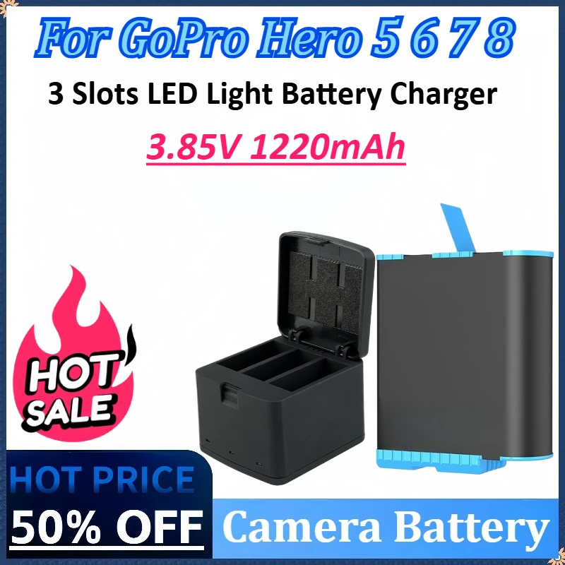 

3.85V 1220mAh 3Pack Battery 3 Slots LED Light Battery Charger Storage Box Type C Cable for GoPro Hero 5 6 7 8 Black Camera