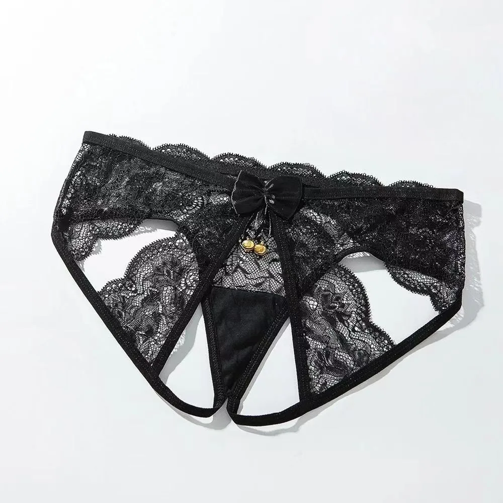 Women Lingerie Open Crotch Hollow Out Lace Thong Panty Low Waist Embroidery Erotic Soft See Through Briefs Underwear