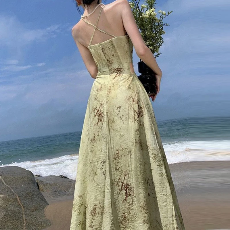 여성 섹시한 홀터넥 백 레스 컷 아웃 셔링 파티 우아한 드레스 여름 중국 스타일 빈티지 프린트 민소매 슬림 드레스 베스 티드