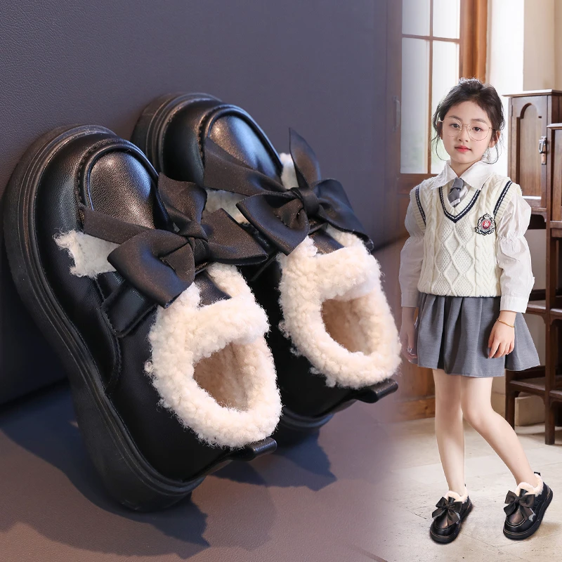 

Girls Warm Shoes Round Toe Chic Kids Princess Shoes with Big Bow 2024 Winter New Fashion Sweet Children Leather Shoes Soft Sole