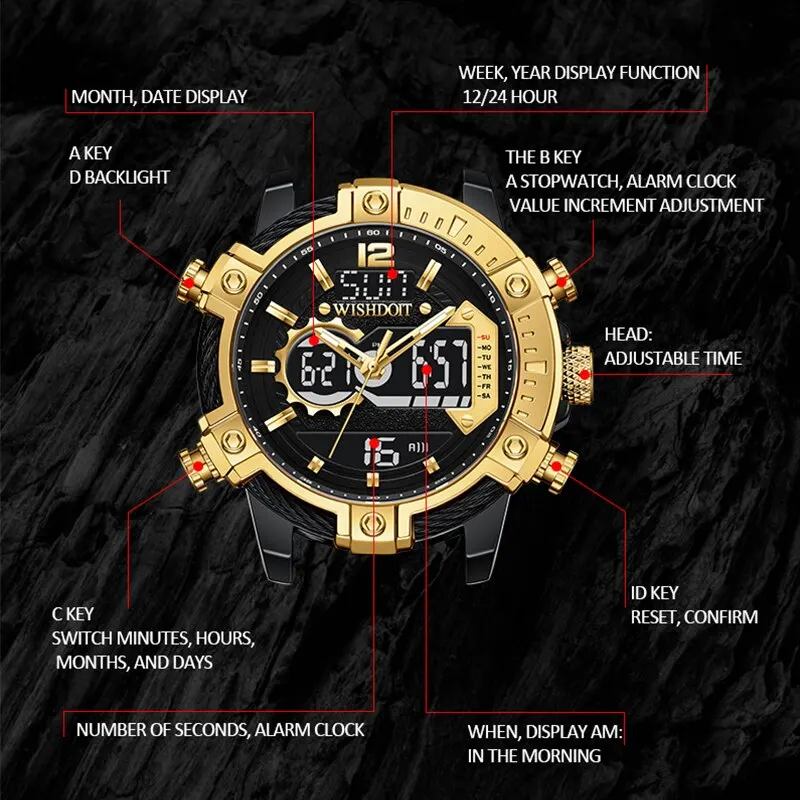 WISHDOIT Sports Outdoor Leisure Watch Men Calendar Men Quartz Watch Analog Watch Waterproof Luminous Swimming Men Hand Watch