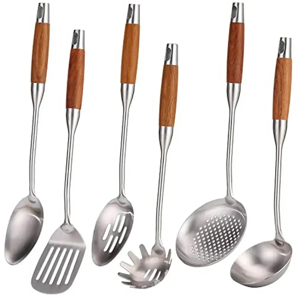 

Набор кухонной утвари из нержавеющей стали с деревянной ручкой, длинные металлические кухонные принадлежности 15 дюймов, твердая ложка, лопаточка с прорезями, кухонный гаджет, подарок
