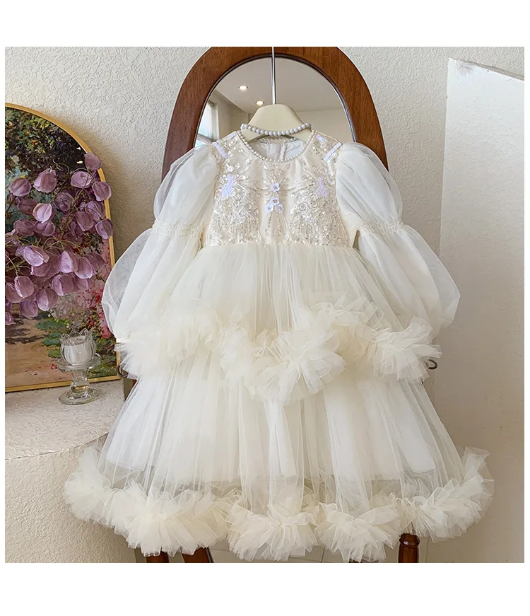 2026 New Baby Summer Girls Boutique Lantern long Sleeve Mesh Tutu Dress , Princess Kids Sweet Fashion Party Dress  3-8 T