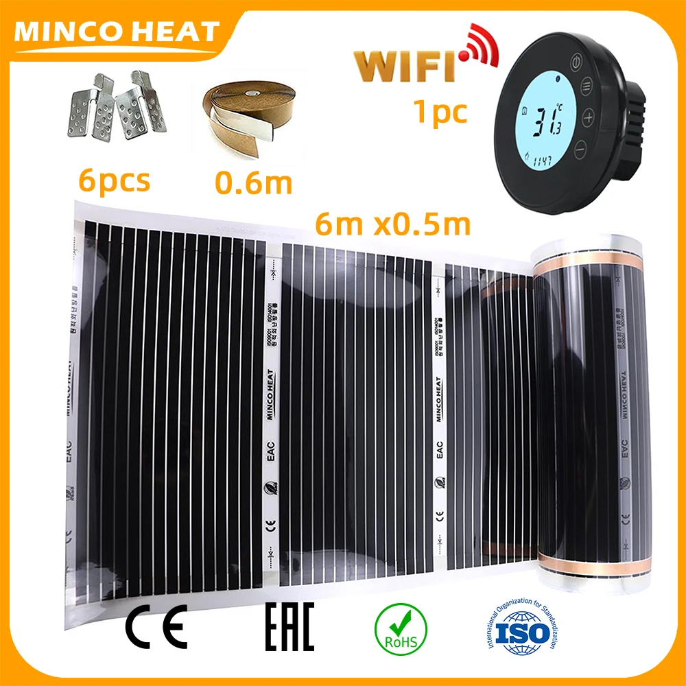 Minco Heat AC220V 220w/m2 3m2 Infrared Floor Heating Film for Underfloor Heating with Thermostat and Installation Kit