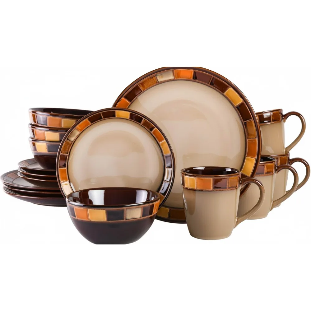 

16-Piece Stoneware Dinnerware Set for 4, Beige & Brown Plates Bowls - Elegant Spanish Design