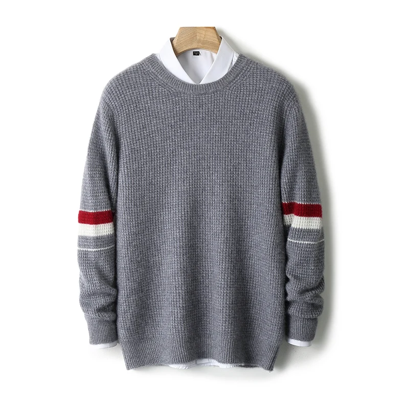 

Best-Selling 100% Sweaters In Winter Men's Thick Round Neck Pullover Long-Sleeved Striped Jacquard Business Leisure Sweater