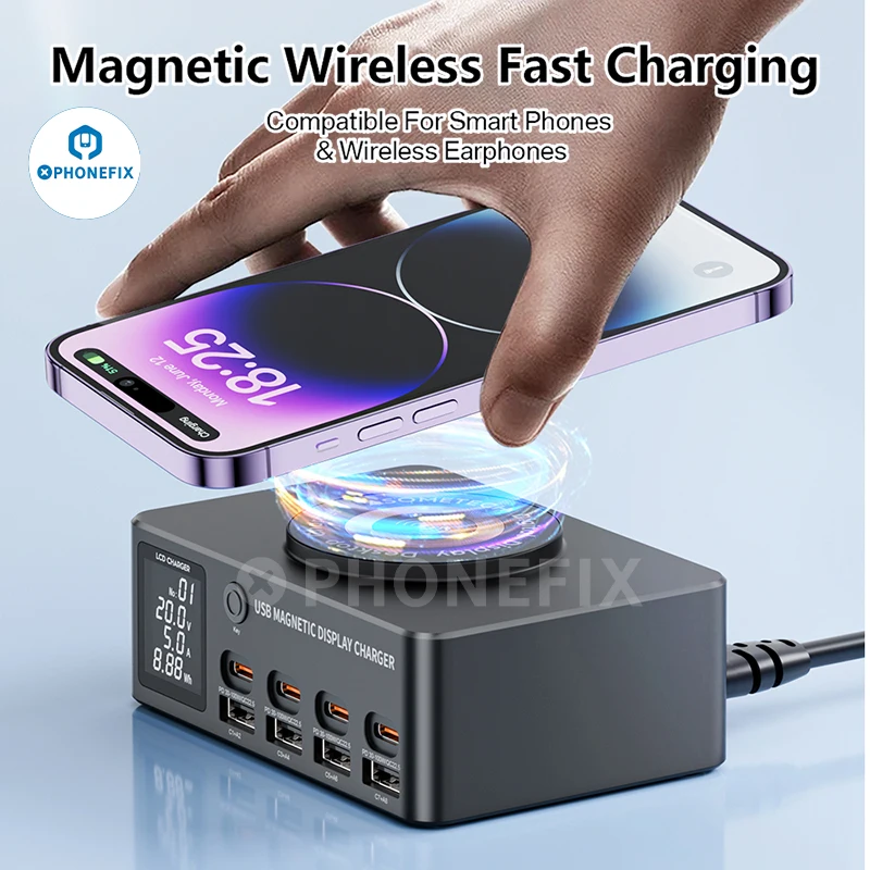 

140W 9in1 Magnetic Wireless Fast Charger 8-Port USB PD QC3.0 Desktop Charging Station for iPhone iPad Huawei Samsung Tablet