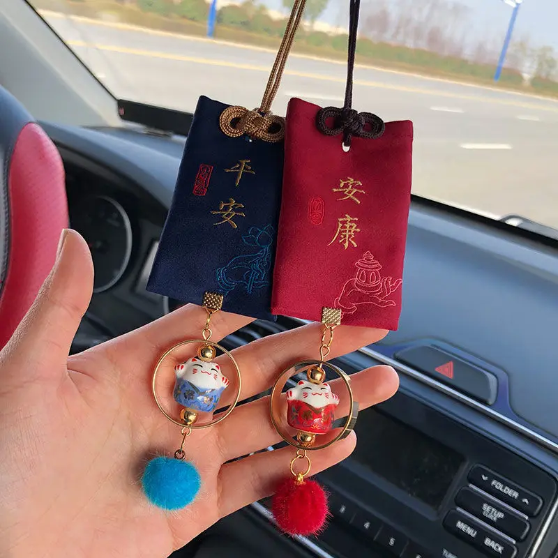 Lucky Cat Blessed Bag Hanging Ornament Rearview Mirror Pandent with Tassel Car Interior Accessories for Girls Coche Accesorio