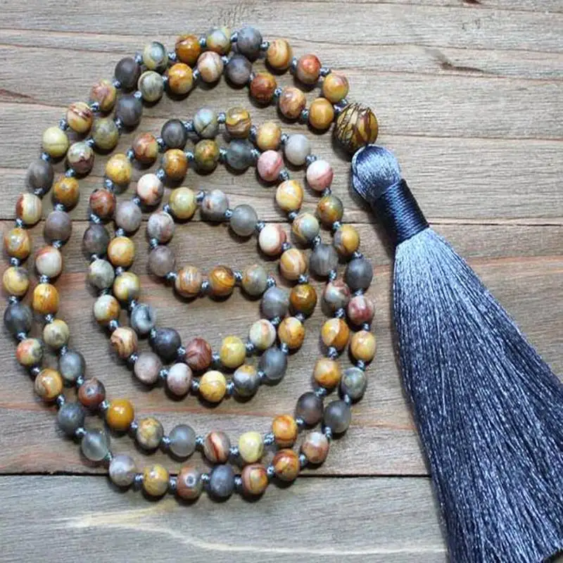 

Natural Picture Jasper Mala Beads Necklace 108 Beads with Tiger's Eye Pendant & Silver-Blue Tassel Healing Crystal Jewelry