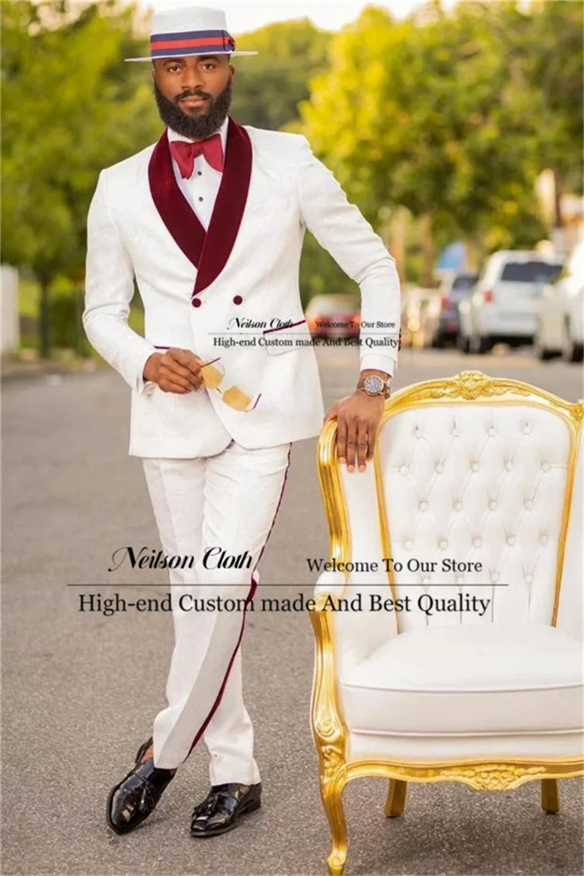 

White Jacquard Male Prom Blazers 2 Pieces Sets Double Breasted Groom Wedding Tuxedos Shawl Lapel Customized Costume Homme