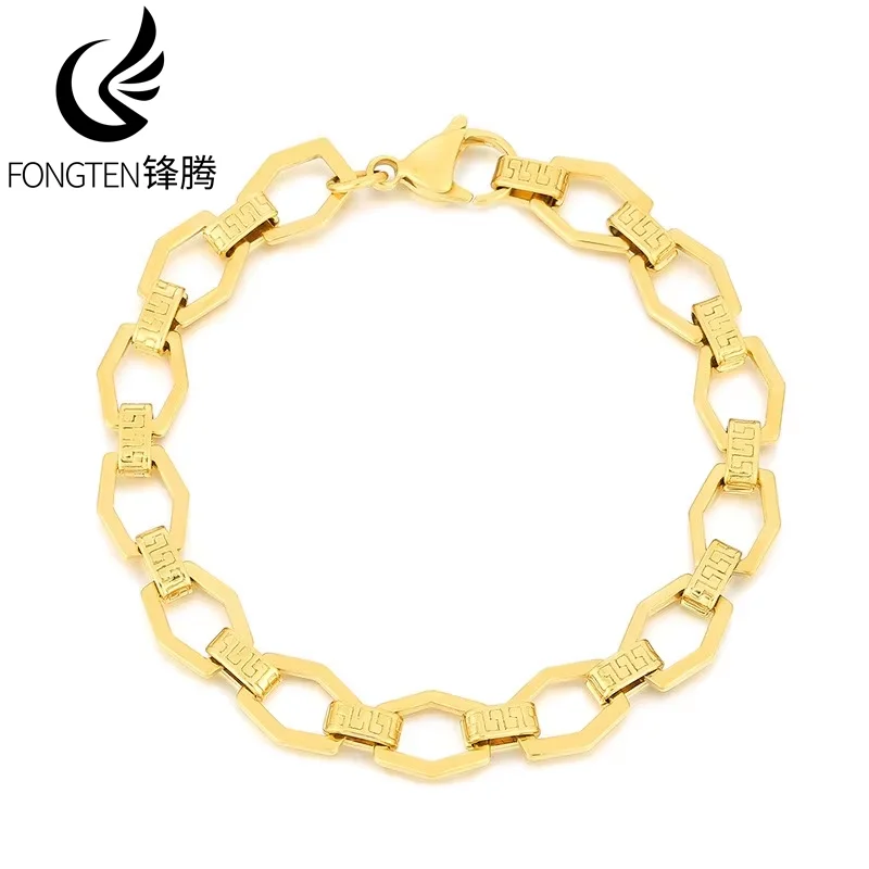 Fongten 19cm Stainless Steel Men Charm Bracelet Hexagon Geometric Link Chain Bracelets Bangle For Men Hip Hop Jewelry Gifts