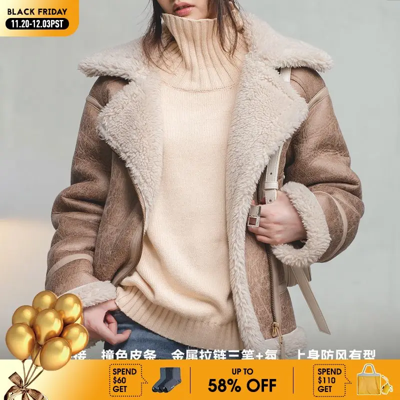 

Maden Imitation Lamb Fur Leather Jacket Autumn Winter Long Sleeve Turn-down Collar Warm Thick Winter Coat Women Bomber Jacket