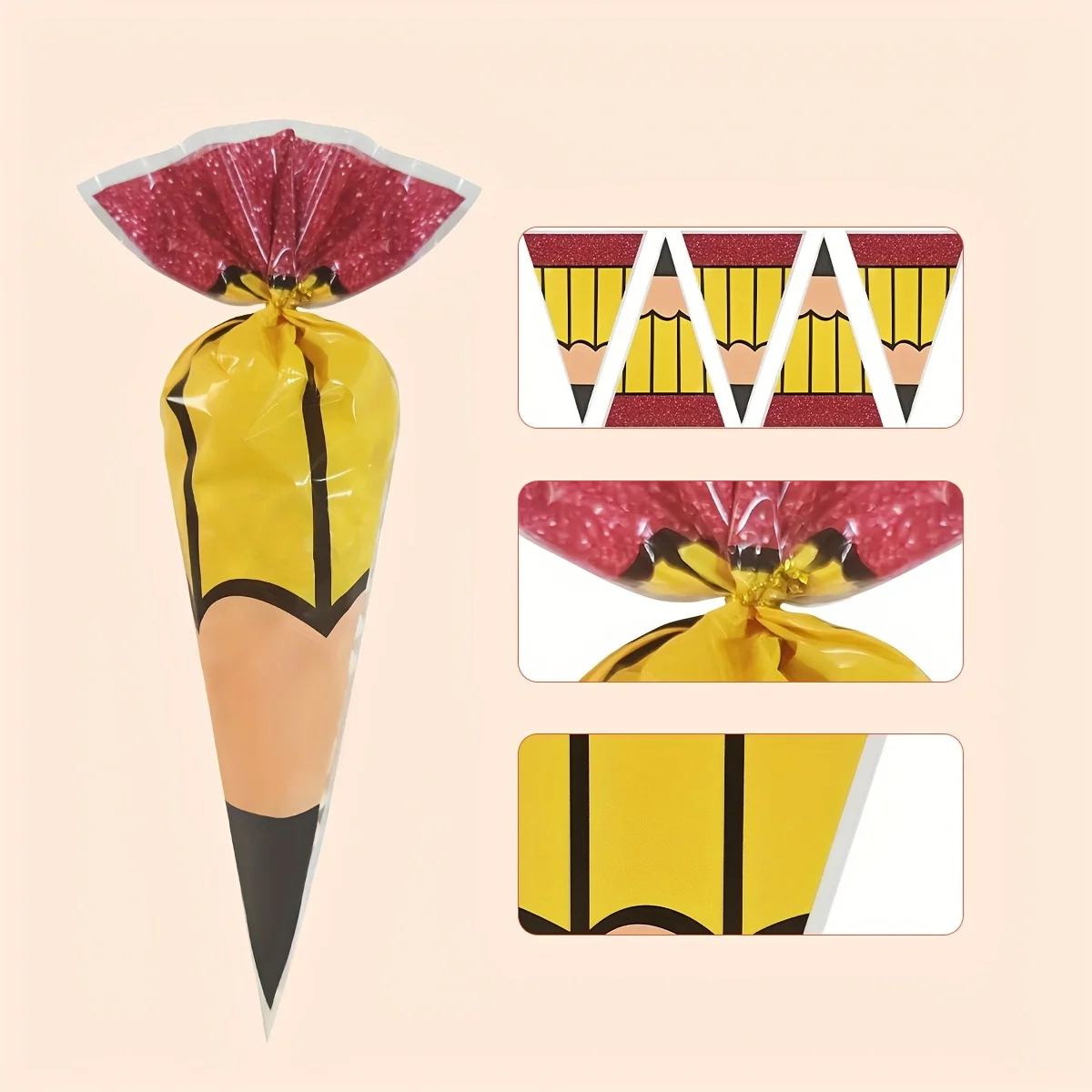 50/100 Sacs cadeaux en cellophane à motif crayon triangulaire, sacs d'emballage coniques en forme de crayon pour la rentrée scolaire, la remise des diplômes et les fêtes de classe
