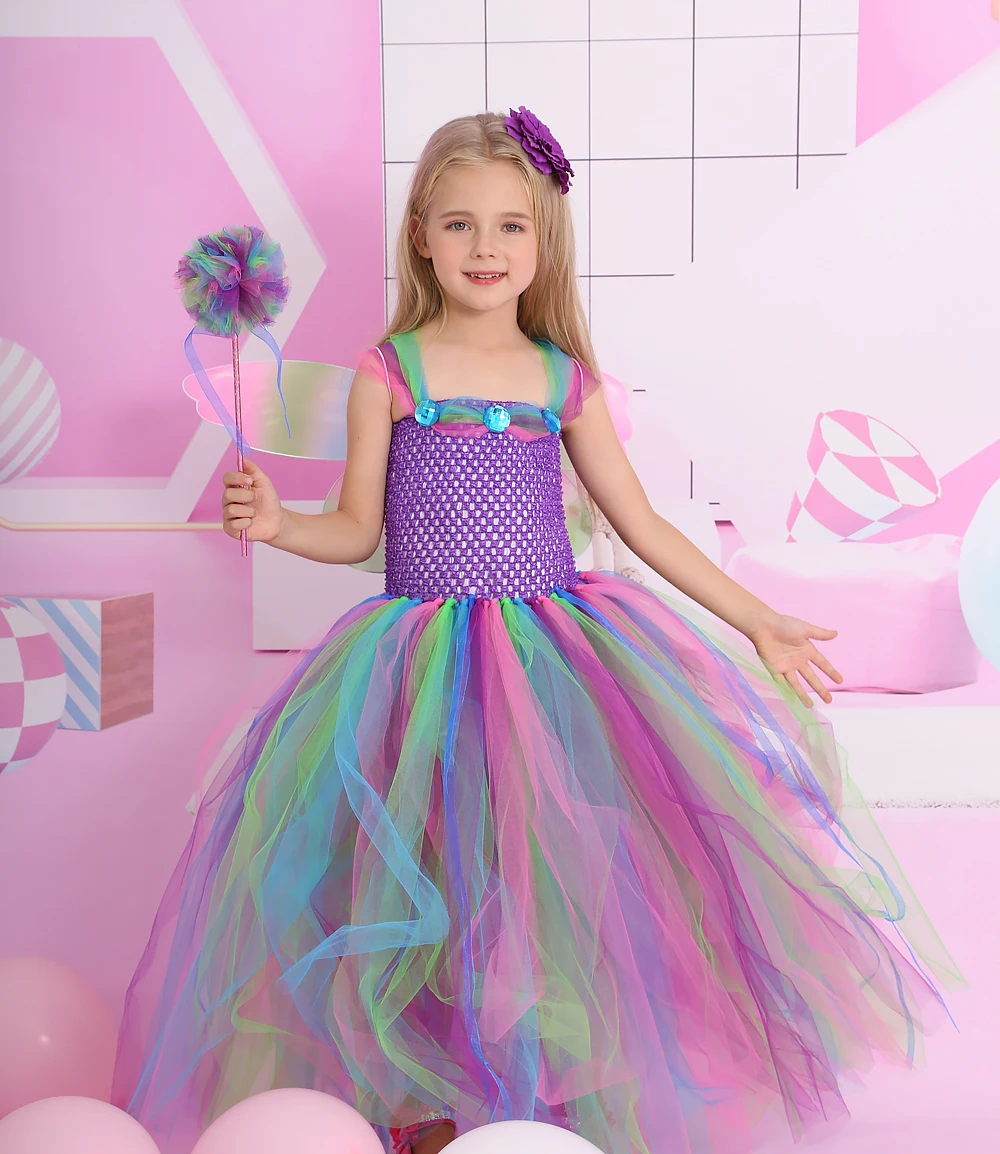 Rainbow Girls Fairy Tutu Dress Kids Party Dresses Carnival Cosplay Costume Princess Party Ball Gown Flower Girls Wedding Dresses