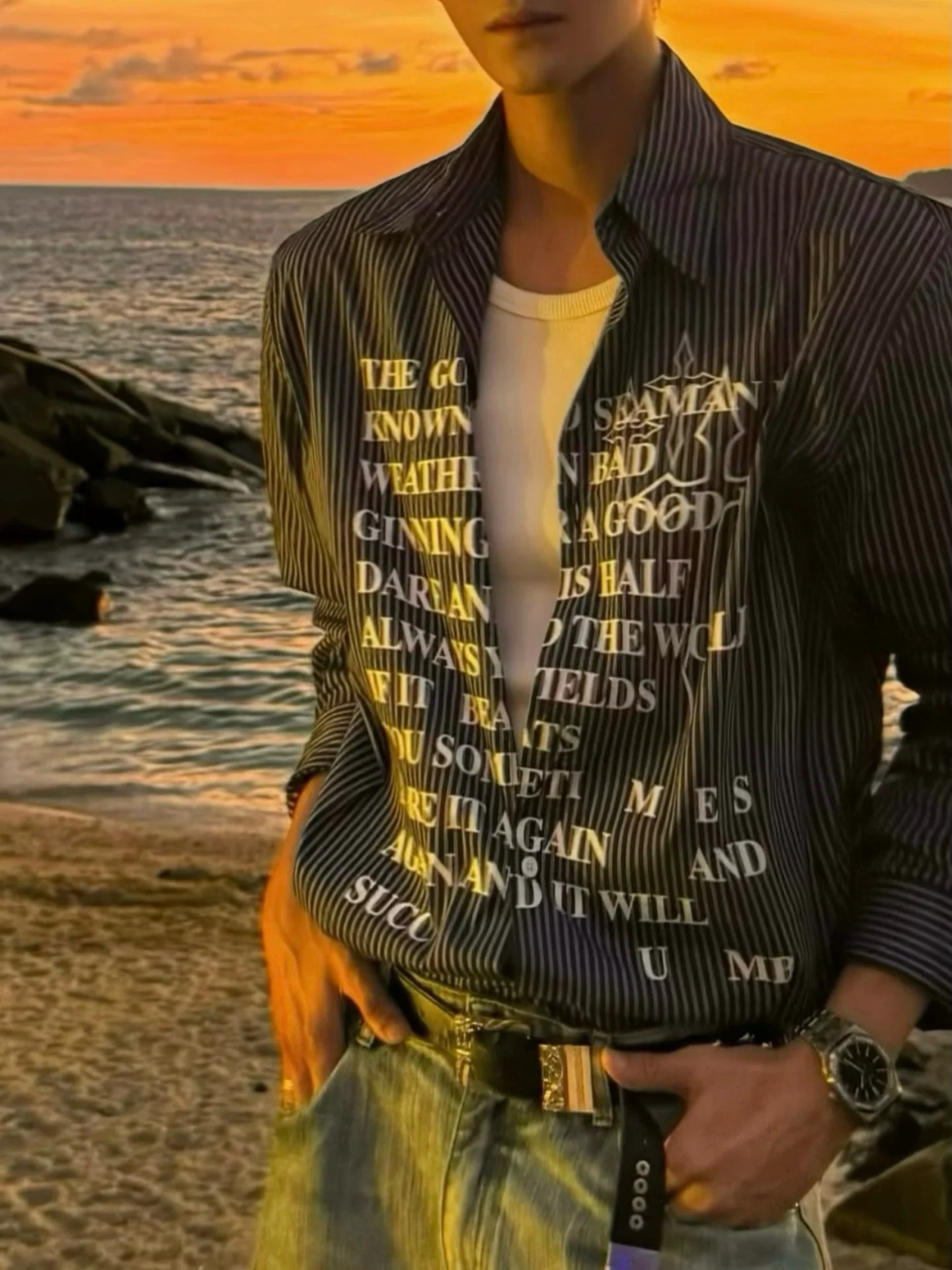 American High Street Retro Striped Loose Fit Men's Shirt Clean Fit Printed Deconstructed Lettering Trendy Long Sleeve Button up