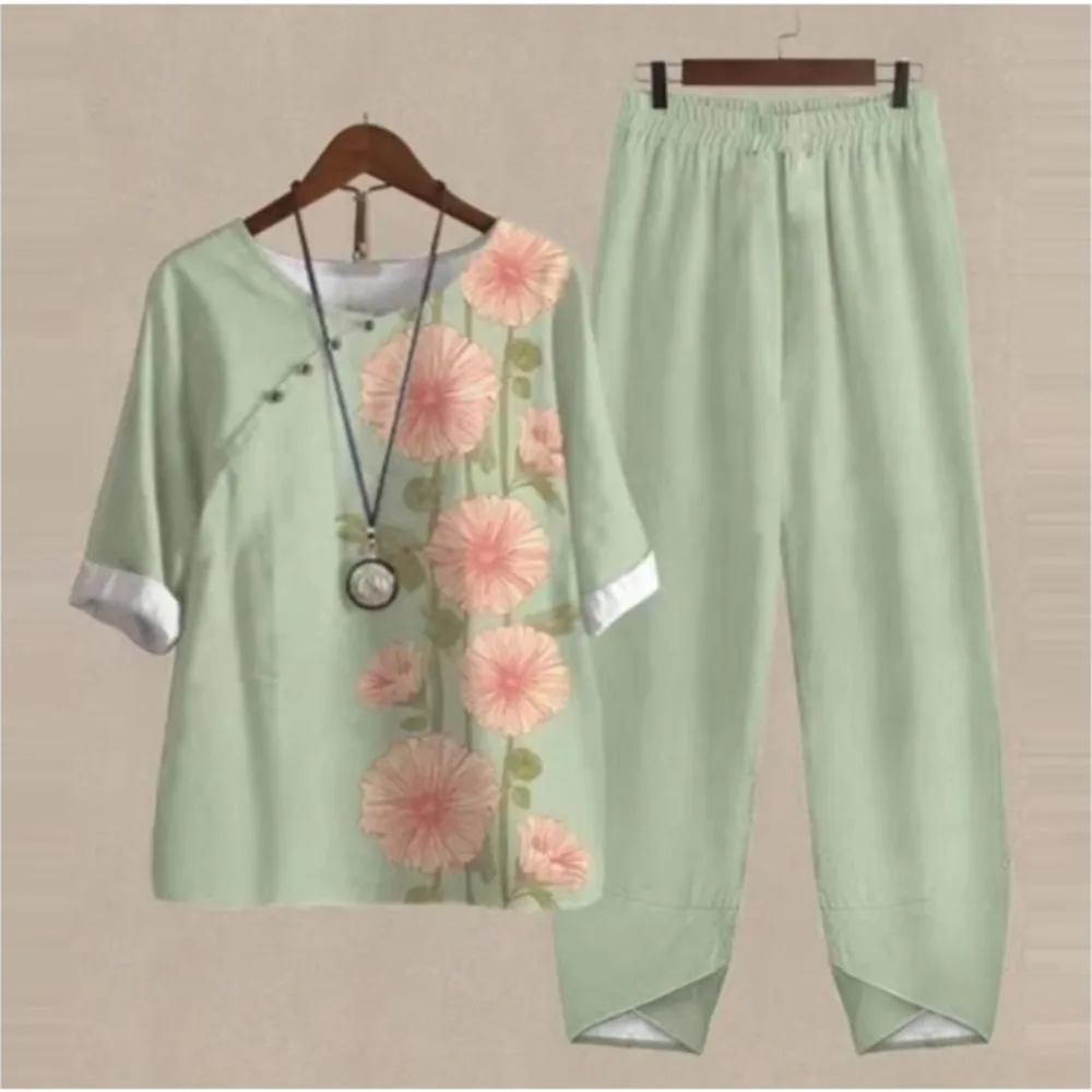 Elegant Suit Two Piece Sets Women Fashion Print Retro Style Outfits Casual Loose Half Sleeve Shirt + High Waist Pants Sets