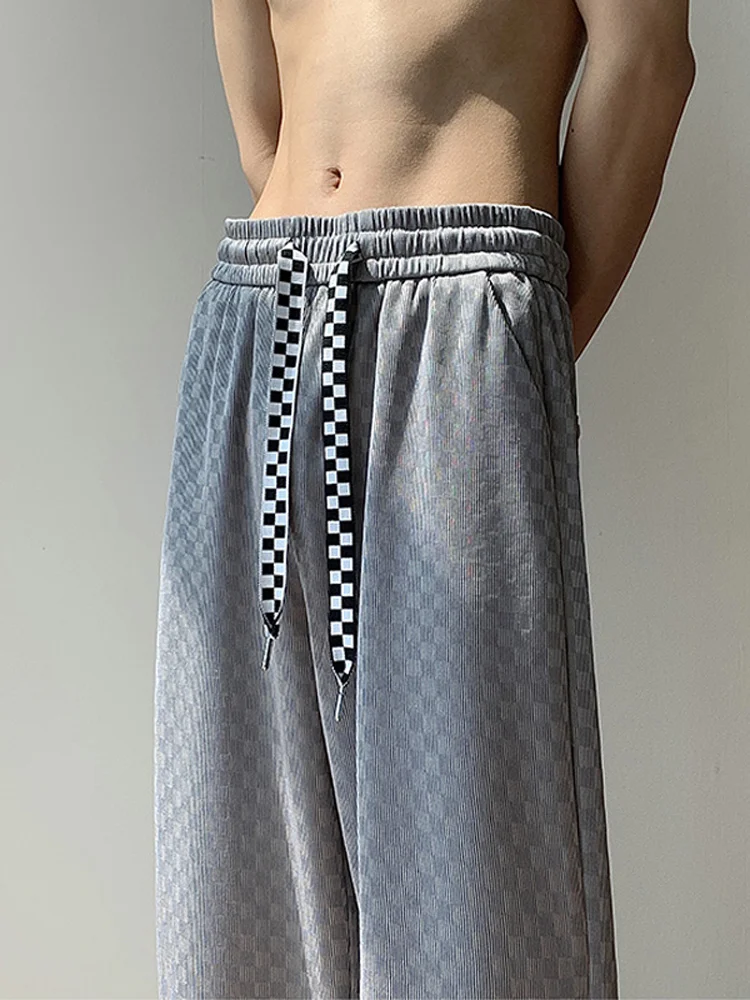 Ice Silk Men's Pants Drapey Drawstring Cool Handsome Design Plaid Casual Long Trousers Autumn Spring Summer Fashion Urban Loo...