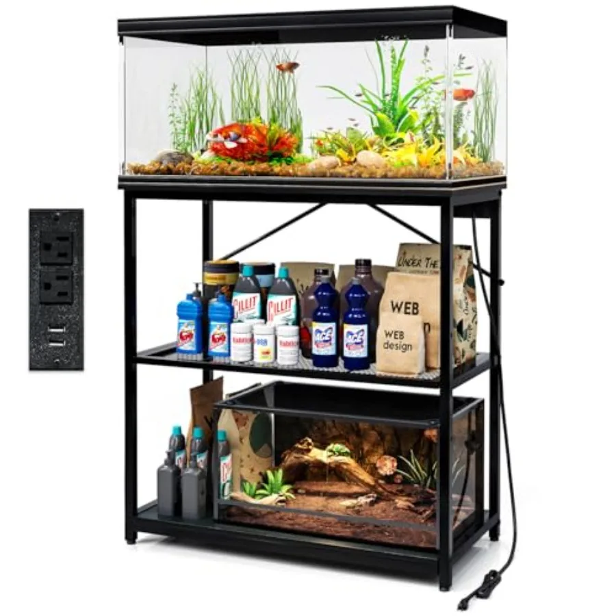 

Fish Tank Stand 10, 20, 29, 37 Gallon, 1000LB Capacity Aquarium Stand with Built-in Outlet, 31"L x 16"W Metal Reptile Tank Stan