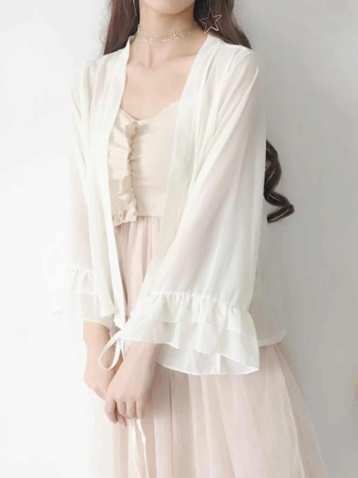 화이트 쉬폰 오픈 가디건 여성용 얇은 여름 커버업 레이스 탑 긴 벨 슬리브 스위트 스타일 대학 패션