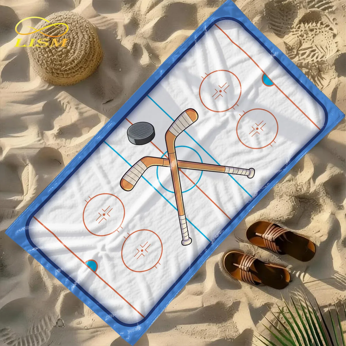 

LISM Ice Hockey Court Beach Towel: Rink Print with Crossed Sticks, Ultra-Soft Absorbent, Versatile for Beach, Picnic & Home Deco