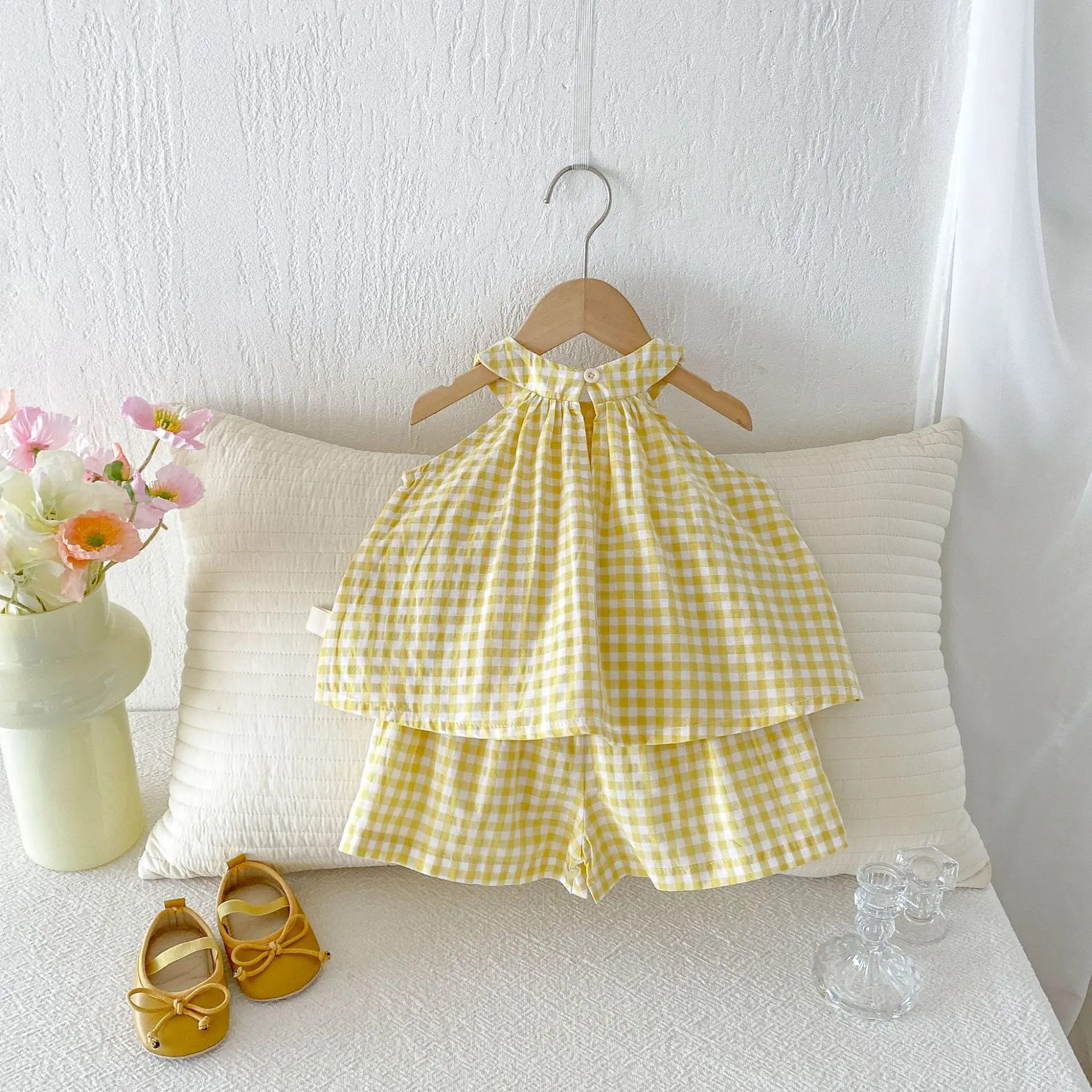 2026 Summer New Girls Sleeveless Sling Clothes Set Thin Cotton Baby Girl Plaid Vest + Shorts 2pcs Suit Toddler Outfits