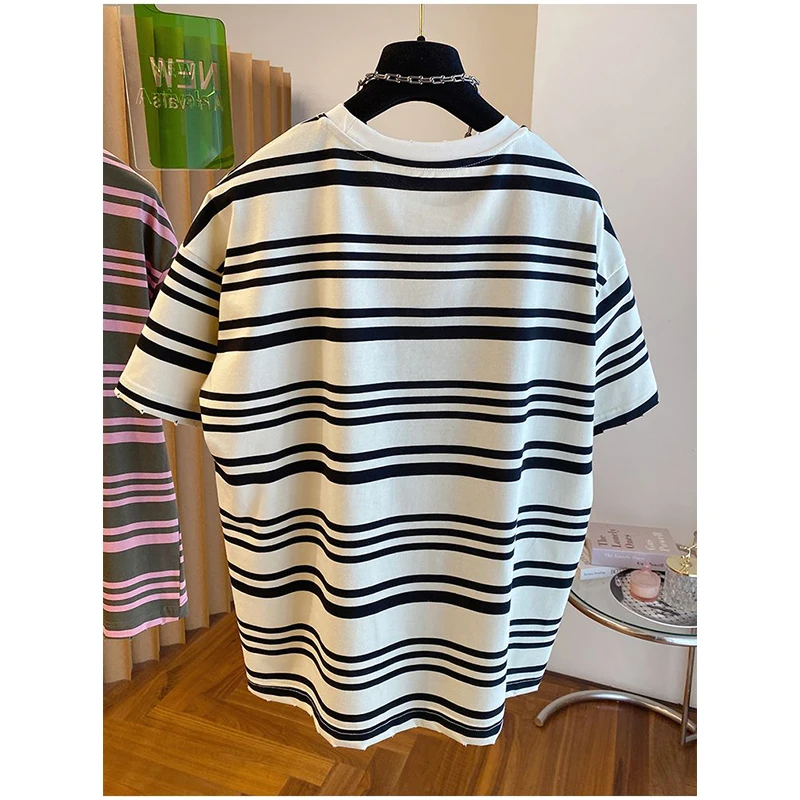 Women Summer Korean Loose Large Size Appear Thin Striped O-neck Short Sleeve T-Shirt Ladies Casual Printing All-match Top Tee