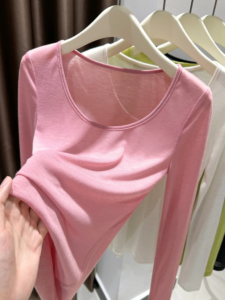 

Женская футболка из мягкого шелка, тонкая длинная све, большая круглая футболка Ne, розовая, весна-осень, низкий топ в Корейском стиле, облегающий крой