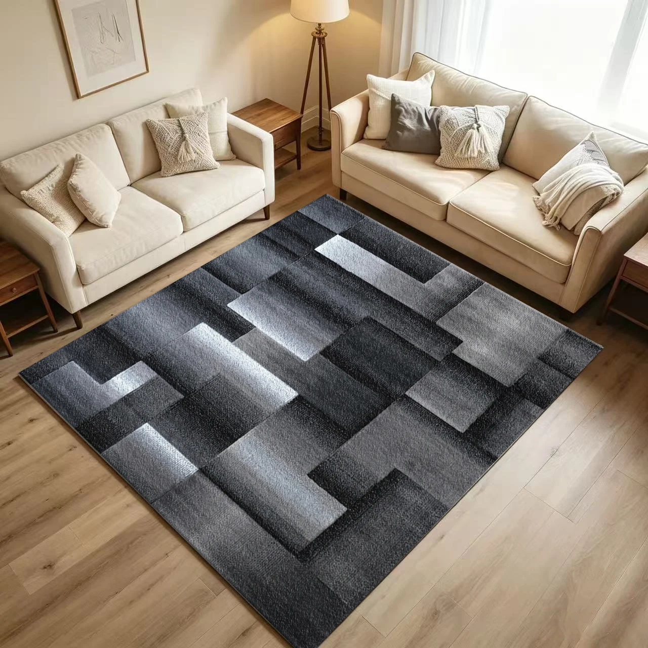 Black Grey Geometric Block Abstract Area Rug Non Slip Washable Industrial Modern Living Room Mat