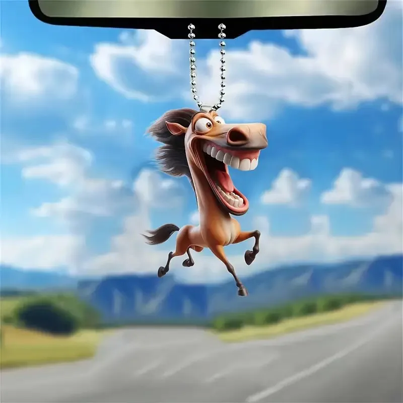 Creative Big Mouth Horse  2D Acrylic Cartoon Pattern Auto Rearview Mirror Hanging Car Pendant Decor Friend Gift Car KeyChain