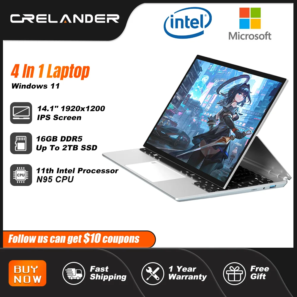 CRELANDER  La computadora portátil  4 en 1 con pantalla táctil de 14 pulgadas saiyan n95 16GB Ram Windows 11 tableta computadora portátil de negocios estudiantil