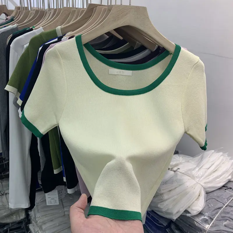 

Color Matching Knitted Short Sleeved Square Neck Solid Women Top New Ice Silk Thin Slim Pullover Korean Fashion Crop Tops P119